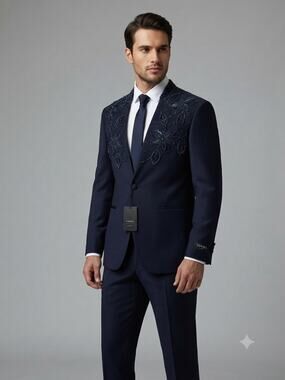 TORRES Mens Navy Suit US 44 EU 54 Beaded Sequin Embellished Jacket Pants Set T1